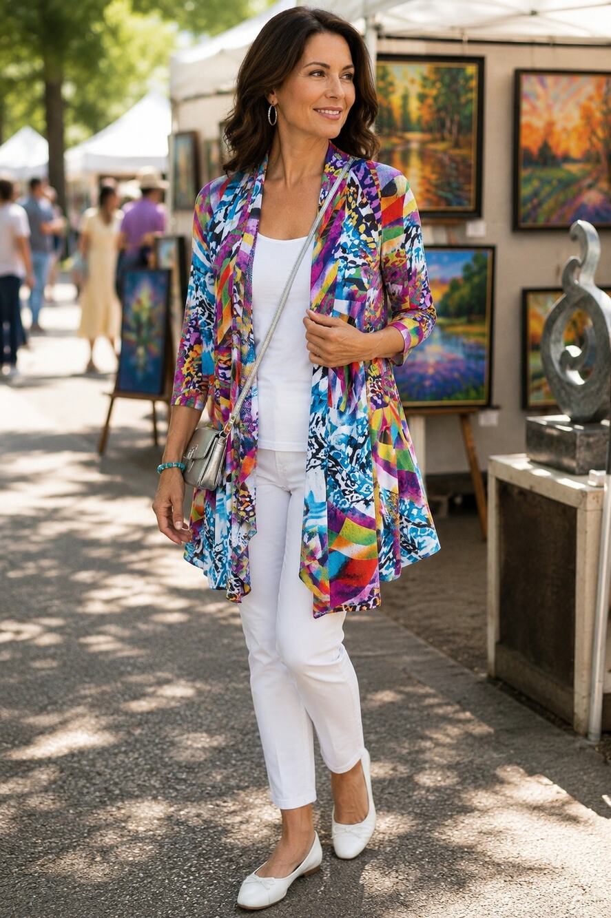 Colorful Abstract Open Front Cardigan Duster Women's Small Stretch Knit